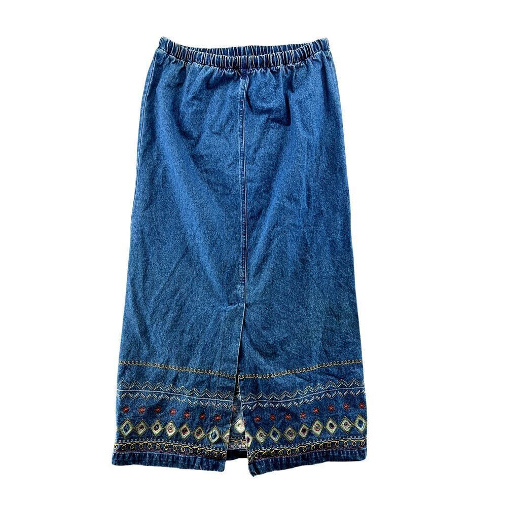 Vintage Embroidered Denim Midi Skirt Cottagecore Western Prairie M - Picture 3 of 8